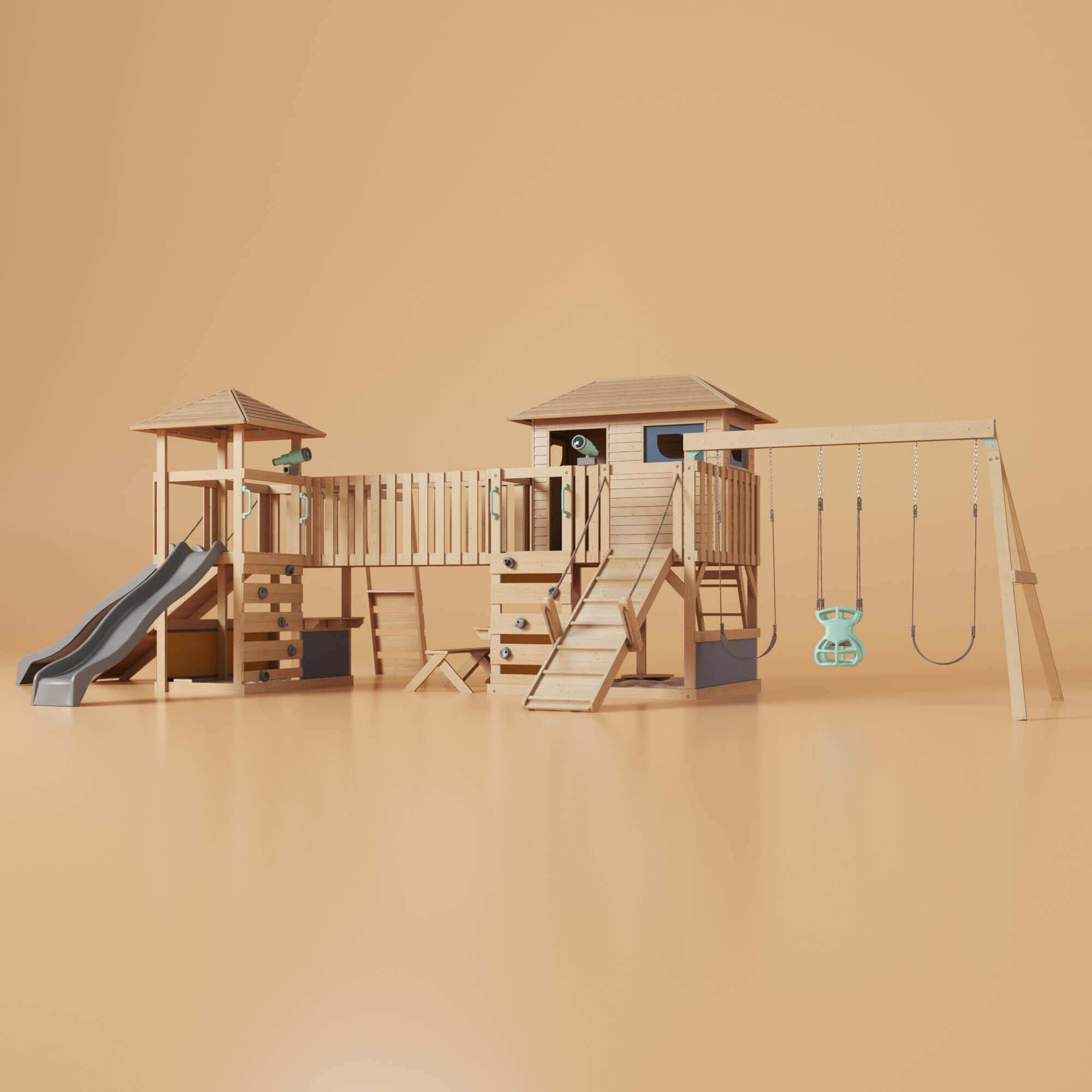 A wooden playground set, dubbed the Ultimate Chipmunk Chalet Playground Tower Honey - The Ultimate Play Paradise, is displayed against a plain peach background. This children's playset by Petit Seal features two towers with sloped roofs connected by a bridge, a slide, climbing walls, ladders, swings, and a small toy telescope. The play paradise boasts well-crafted natural wood tones with green accents.