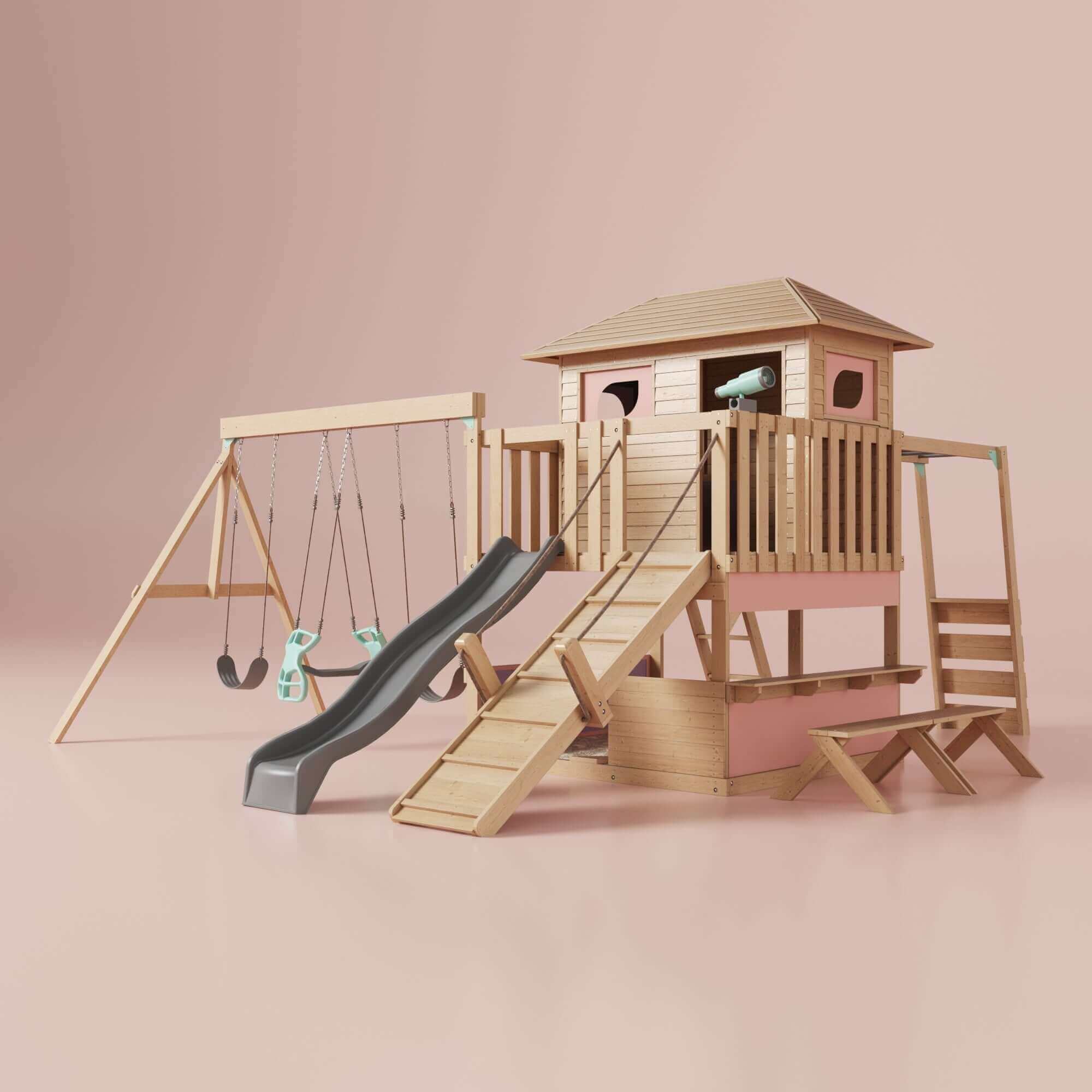 A wooden backyard playset with a pink background, called the Flamingo Fiesta Play Tower Honey: Unforgettable Play Paradise for Little Explorers in Your Own Backyard - An Adventure Awaits! by Petit Seal. It features a clubhouse with a peaked roof, two windows, and a balcony, perfect for imaginative play. With components like a slide, staircase, and ladder providing access to the play tower, motor skill development is encouraged. The set includes two swings, a small climbing wall, and a bench underneath the